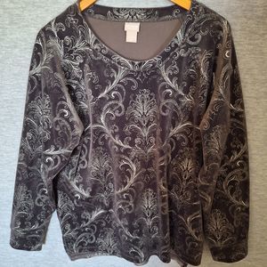 Chicos Zenergy Velour Velvet Blouse Tunic Top XL Long Sleeve Pullover Gray White